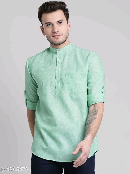 Trendy Green Cotton Roll up Sleeve Men Shirts