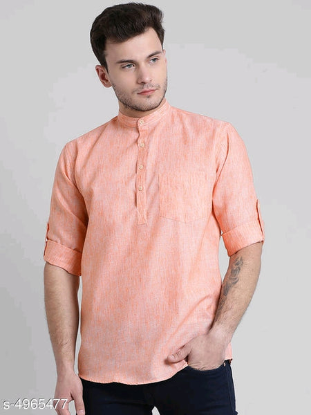 Trendy Cotton Orange Roll up Sleeve Men Shirts