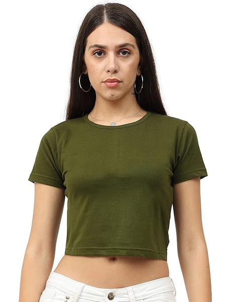 Women Plain Olive Green Crop Top