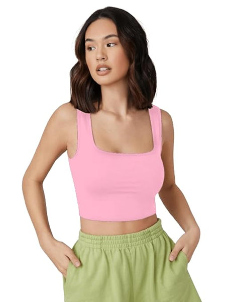 Women Square Neck Baby Pink Tank Tops