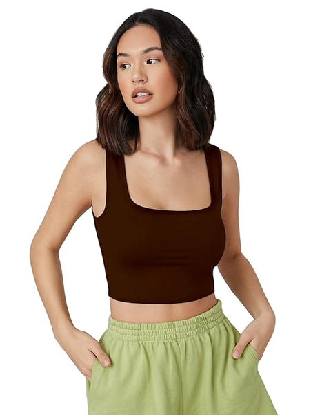 Women Square Neck Brown Tank Tops