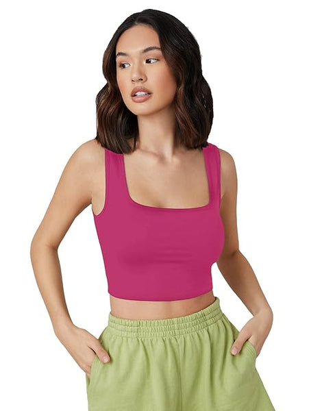 Women Square Neck Pink Tank Tops