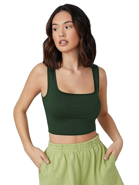 Women Square Neck Green Tank Tops