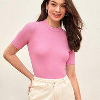 Women Plain High Neck Baby Pink Tops