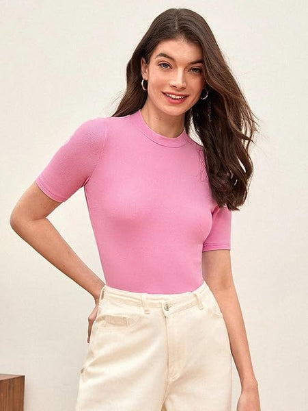 Women Plain High Neck Baby Pink Tops