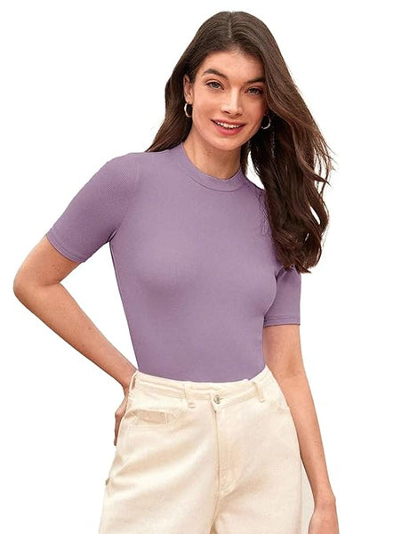 Women Plain High Neck Lavender Tops