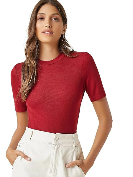 Women Plain High Neck Maroon Tops