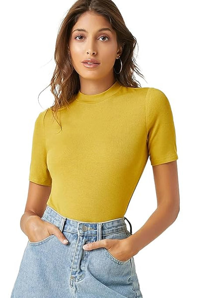 Women Plain High Neck Mustard Tops