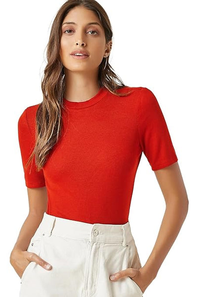 Women Plain High Neck Red Tops