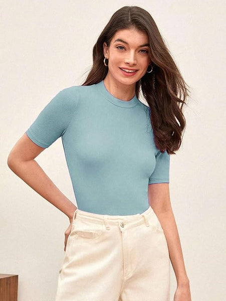 Women Plain High Neck Sky Blue Tops