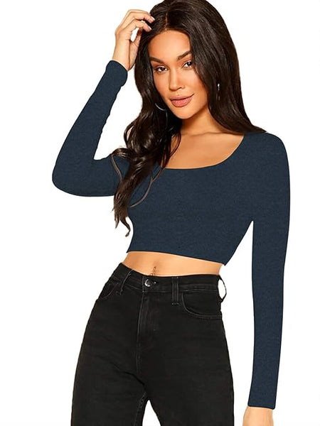 Women Solid Slim Fit Dark Blue Crop Top