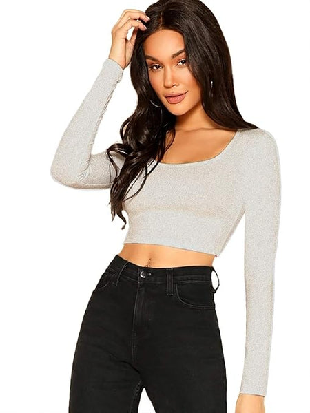 Women Solid Slim Fit Grey Crop Top