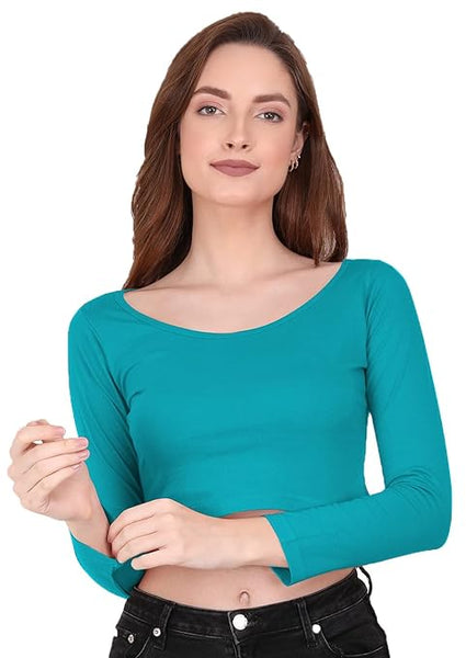 Women Solid Slim Fit Sky Blue Crop Top