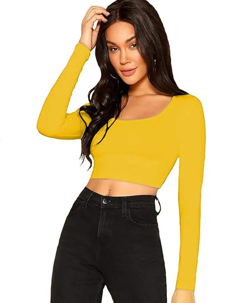 Women Solid Slim Fit Yellow Crop Top