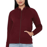 Women Plain Cotton Maroon Hooded