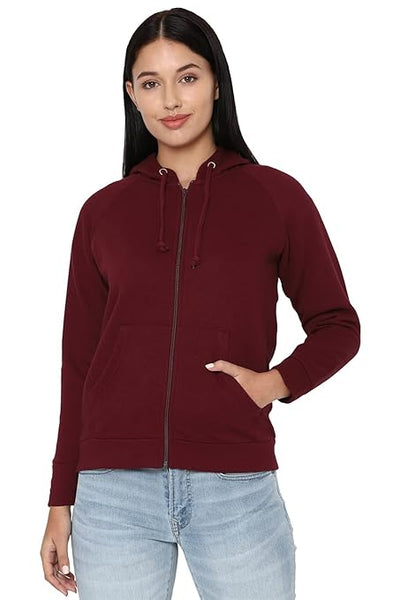 Women Plain Cotton Maroon Hooded