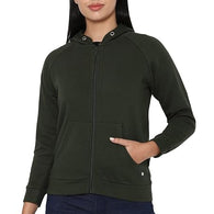 Women Plain Cotton Olive Green Hooded