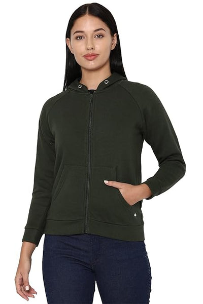 Women Plain Cotton Olive Green Hooded