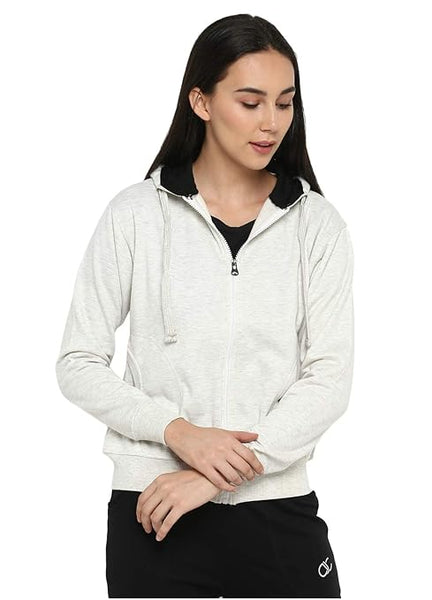 Women Cotton White Melange Hooded