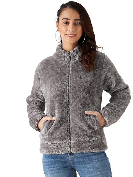 Women Full Sleeve Fur Grey Jacket