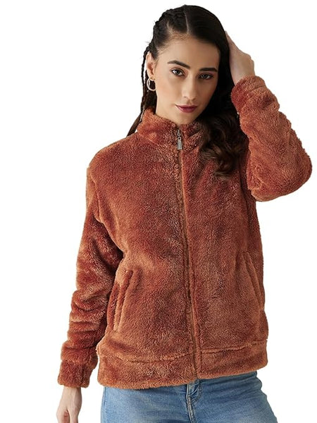 Women Full Sleeve Fur Rust Jacket