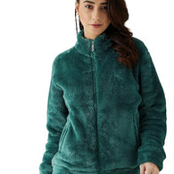 Women Full Sleeve Fur Teal Jacket