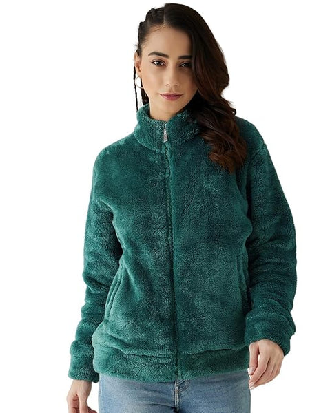 Women Full Sleeve Fur Teal Jacket