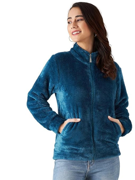 Women Full Sleeve Fur Blue Jacket