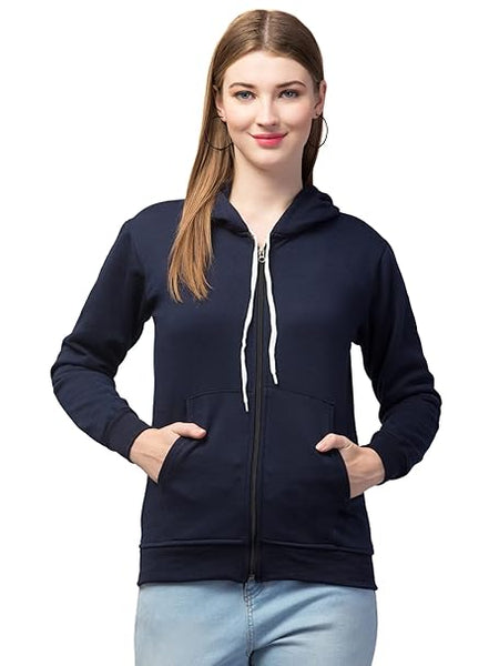 Women Pain Hooded Navy Blue Jacket