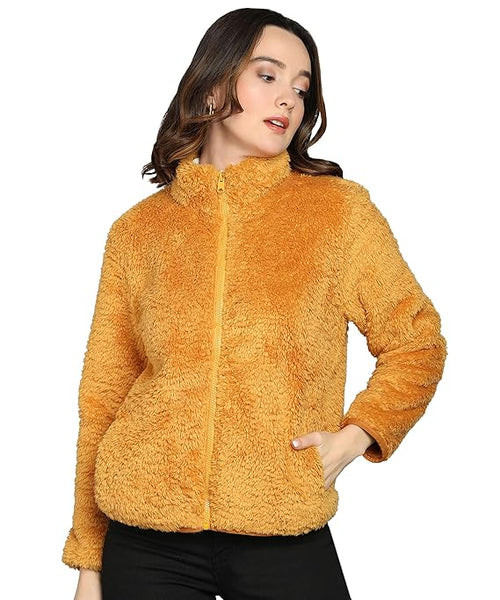 Women Polyester Fluffy Yellow Jacket