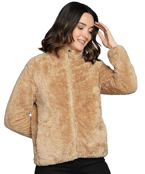 Women Polyester Fluffy Light Brown Jacket