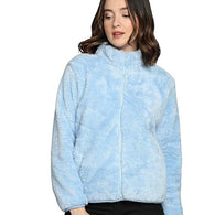 Women Polyester Fluffy Light Blue Jacket