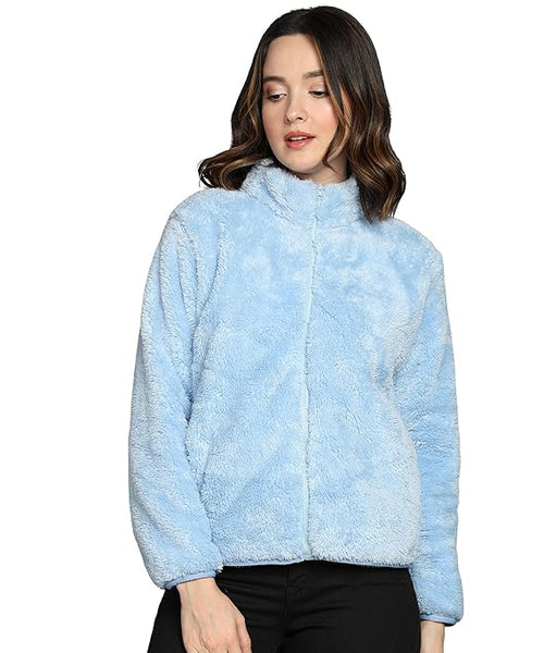 Women Polyester Fluffy Light Blue Jacket