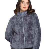 Women Polyester Fluffy Dark Blue Jacket