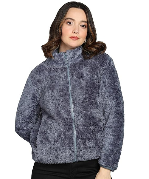 Women Polyester Fluffy Dark Blue Jacket