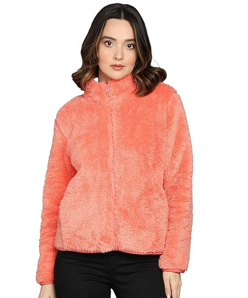 Women Polyester Fluffy Pink Jacket