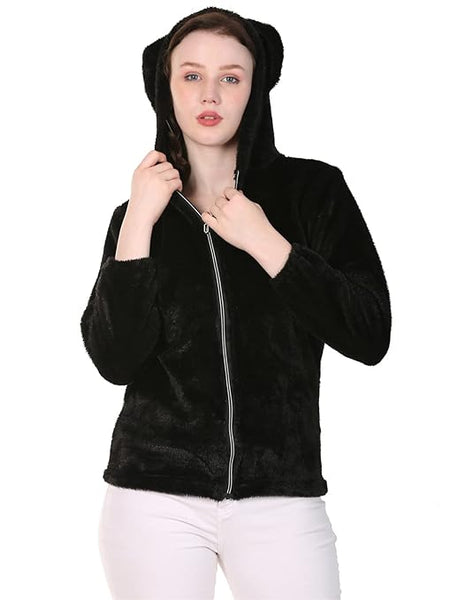 Women Full Sleeve Fur Black Jacket