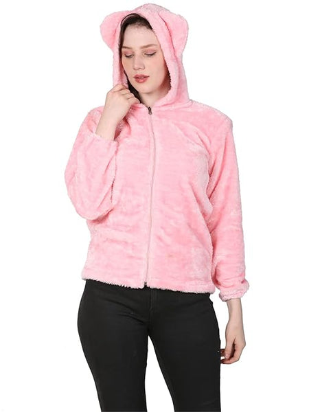 Women Full Sleeve Fur Pink Jacket