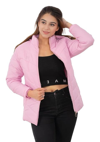 Women Hooded Collar Baby Pink Jacket