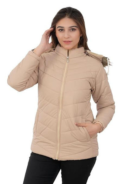 Women Hooded Collar Beige Jacket