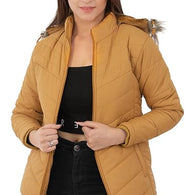 Women Hooded Collar Brown Jacket