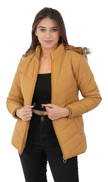 Women Hooded Collar Brown Jacket