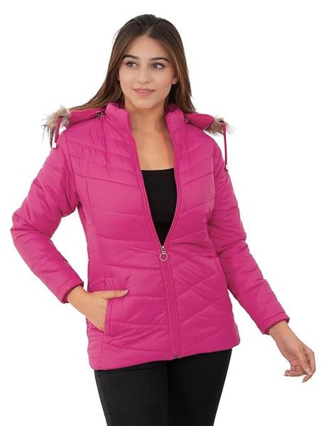 Women Hooded Collar Pink Jacket