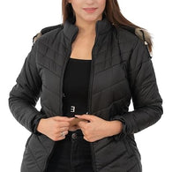 Women Hooded Collar Black Jacket