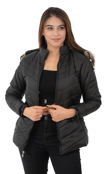 Women Hooded Collar Black Jacket