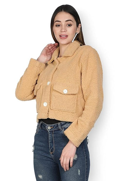 Women Solid Faux Fur Camel Jacket