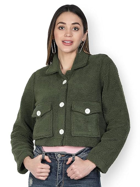 Women Solid Faux Fur Green Jacket