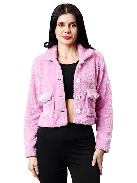 Women Solid Faux Fur Lavender Jacket