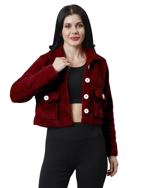 Women Solid Faux Fur Maroon Jacket