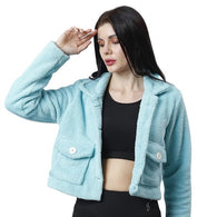 Women Solid Faux Fur Aqua Blue Jacket